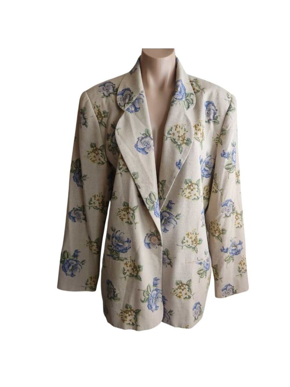 Leslie Fay Blazer Womens 16 Beige Blue Flowers Floral Linen Blend Vintage